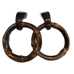Retro bamboo resin hoop earrings with dark brown wood texture and silver needles