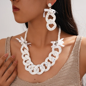 Chunky Acrylic Chain Necklace And Earrings With Ribbon Bow Imitation Artificial Pearl Star Silver Earring Post For Women
