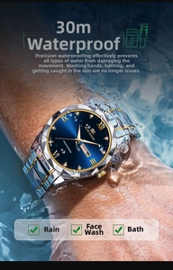 Waterproof detail of men's quartz watch showing double calendar and gold-toned links