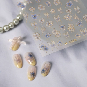 Blue Flower Golden Butterfly Nail Stickers Embossed Gold Stamping Elegant French Style DIY Nail Art Decals For Women