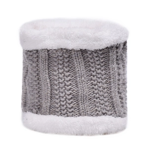Detailed close-up of a gray knitted neck warmer with soft white plush trim for winter warmth
