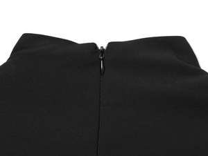 Detail view of high-quality invisible zipper closure on a black slim fit fashion dress
