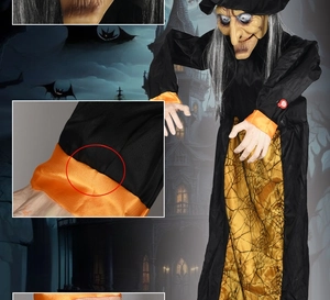 Detail of Halloween witch prop featuring realistic face and interactive press button function