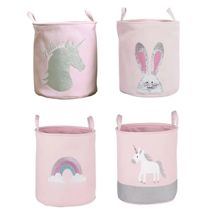 Pink Canvas Laundry Basket Glitter Sequin Unicorn Rabbit Rainbow Storage Bin Dual Handles Kids Girls Nursery Organization