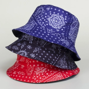 Three pack of reversible paisley bandana bucket hats in blue, black, and red colors