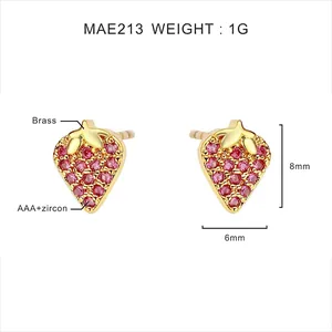 Detailed view of 8mm strawberry stud earrings made of brass with pink AAA zircon stones