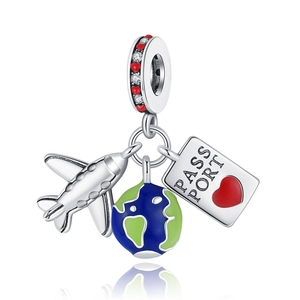Silver travel charm with airplane, globe, and passport pendant for DIY bracelets