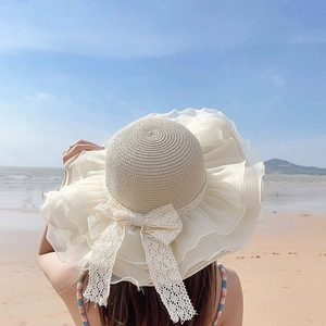 Wide Brim Straw Sun Hat With Lace Bow Organza Ruffle Foldable Summer Beach Travel Breathable For Women And Kids