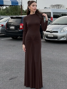 Slim fit dark brown long-sleeve maxi dress with elegant waist pleat design for women