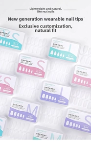 Detailed view of various clear almond and coffin nail tips in professional packaging