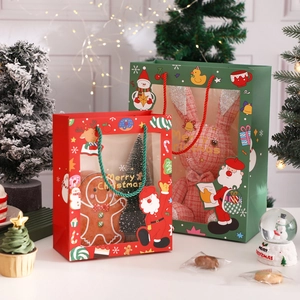 Christmas Tote Gift Bags With Clear Window Paper Packaging Cartoon Santa Snowman Reindeer Holiday Party Favor Handle