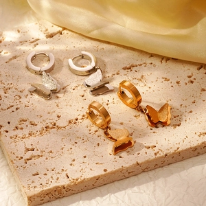 Stainless Steel Butterfly Pendant Hoop Earrings Matte Frosted Texture 18K Gold Plated Fashion Jewelry For Women