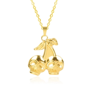 Polished 18k gold plated stainless steel cherry skull pendant necklace on white background