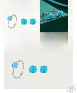 Détails de la parure en argent 925 opale montrant les dimensions des bagues et boucles
