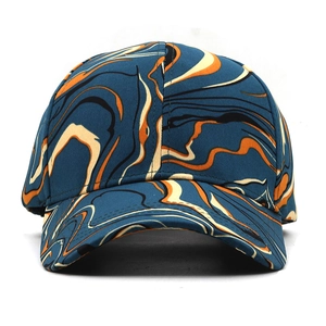 Front view of six-panel baseball cap featuring blue and orange fluid marble pattern