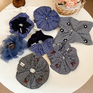 Lot de chouchous à carreaux avec broderies cerises et dentelle au style coréen