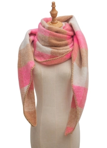 Detail of pink and beige plaid scarf showing soft texture and decorative stitching