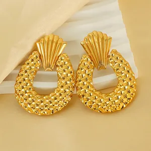 Geometric Drop Earrings 18K Gold Plated Stainless Steel Fan Shape Lattice Texture Retro Fashion Accessory For Women