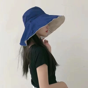 Profile view of a large-brimmed blue and beige sun hat for effective face sun protection
