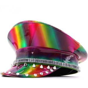 Rainbow Holographic PU Leather Military Hat With Silver Studs And Rhinestones Sparkly Captain Party Performance Stage Hat