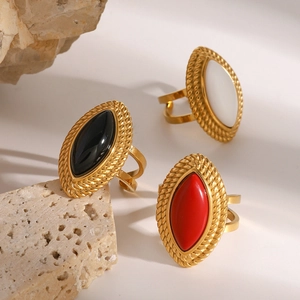 18K gold plated stainless steel rings with black onyx and colorful marquise stones