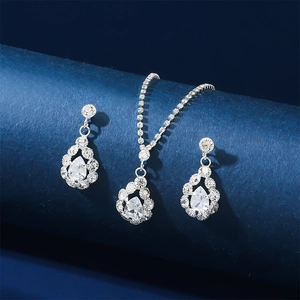 Elegant silver jewelry set with teardrop zircons, necklace and earrings for evening dresses