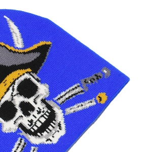 Detailed knit texture and pixelated pirate skull pattern on a blue winter beanie hat