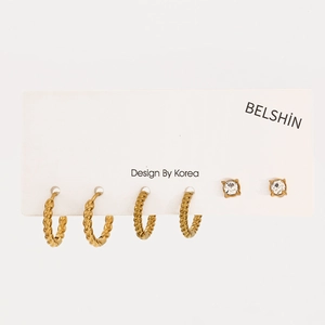Detail view of 6-piece 18k gold-plated set including twisted hoop earrings and stud earrings