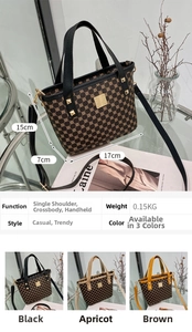 Detail view of mini monogram bucket bag showing size dimensions and three color options