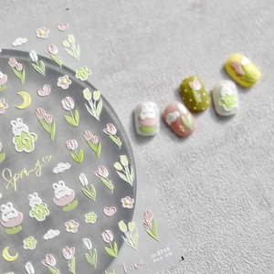 Nail Art Stickers 3D Relief Self Adhesive Tulip Rabbit Floral Japanese Retro Sweet Spring Style Manicure Decoration