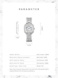 Spécifications de la montre carrée pour femme avec bracelet en métal de 192mm