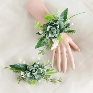 Sage Green Artificial Satin Flowers Boutonniere And Wrist Corsage With Faux Artificial Pearls For Wedding Party Prom Groom Bride