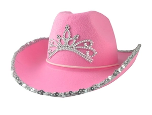 Roze westerse cowboyhoed met pailletten kroon en zilveren glitterrand detail