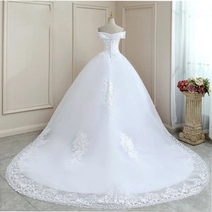 Elegant off-shoulder lace wedding dress with a long train and lace-up back design