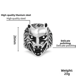 Vue détaillée des dimensions de la bague tête de loup en acier rétro: 26mm de haut et 23g