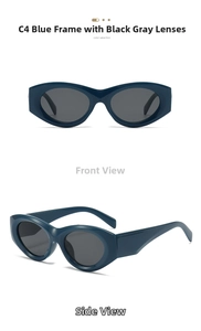 Detail of C4 dark blue oval frame sunglasses with black-grey UV protection lenses