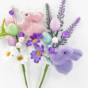 Artificial Easter floral stems with flocked bunnies, colorful eggs, and daisy accents
