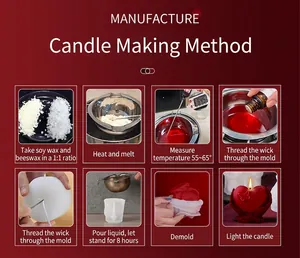 DIY guide showing heart candle making steps with red silicone mold and soy wax