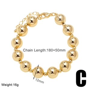 Detail view of 12mm gold bead bracelet with adjustable chain length and weight info