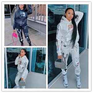 Damen Casual Buchstaben Druck Kapuzenpullover Und Hose Top And Bottom Streetwear Baumwollmischung Zweiteiler Jogginganzug Herbst Winter