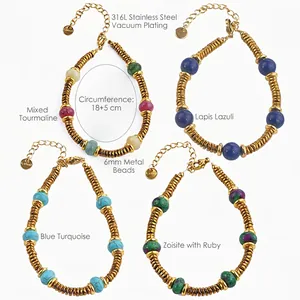Titanium steel bracelet with 6mm colorful tourmaline and natural stone beads