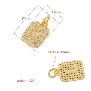 Gold rectangular pendant with cubic zirconia micro-paving and letter A detail