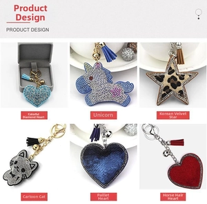Close-up of assorted heart and unicorn keychains with rhinestones and sequins