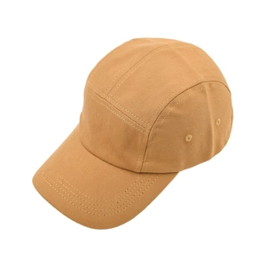 Dettaglio cappellino 5 panel marrone in tela con visiera curva e occhielli in metallo