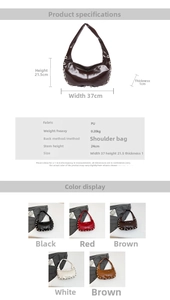 Detailed size specifications and color options for the studded PU leather tote bag
