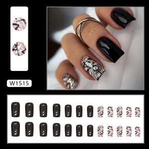 Square-oval black and white cracked pattern press-on nails set with 24 pieces