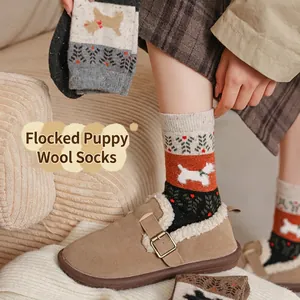Vintage Fair Isle wool socks with cute puppy patterns and fleece lining for winter warmth