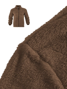 Close-up of deep brown fleece fabric texture and stitching detail on a stand-collar jacket