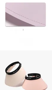 Detail of precise stitching on wide brim PVC sun visor with elastic branded headband