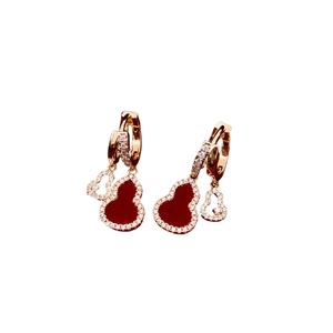 14K gold plated hoop earrings with red gourd pendants and sparkling crystal accents